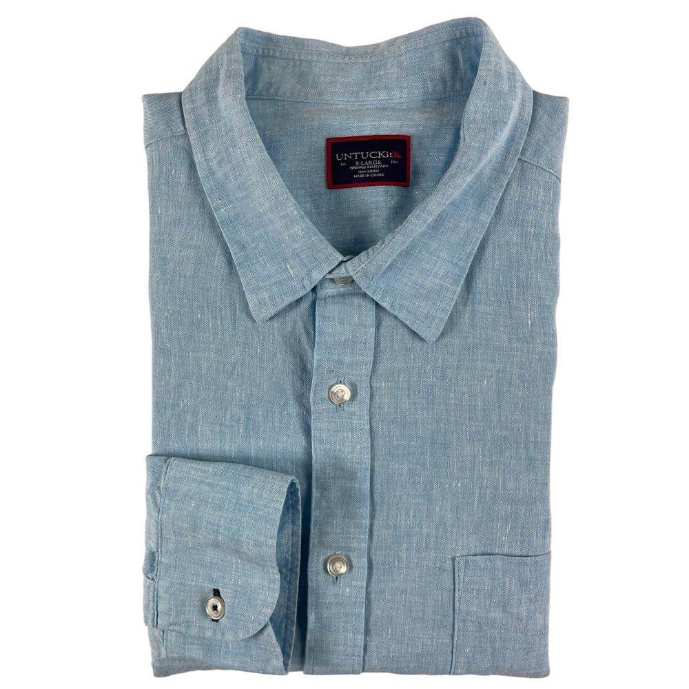 UNTUCKit Grachetto Blue Pure Linen Wrinkle Resistant Shirt Mens XL 30274